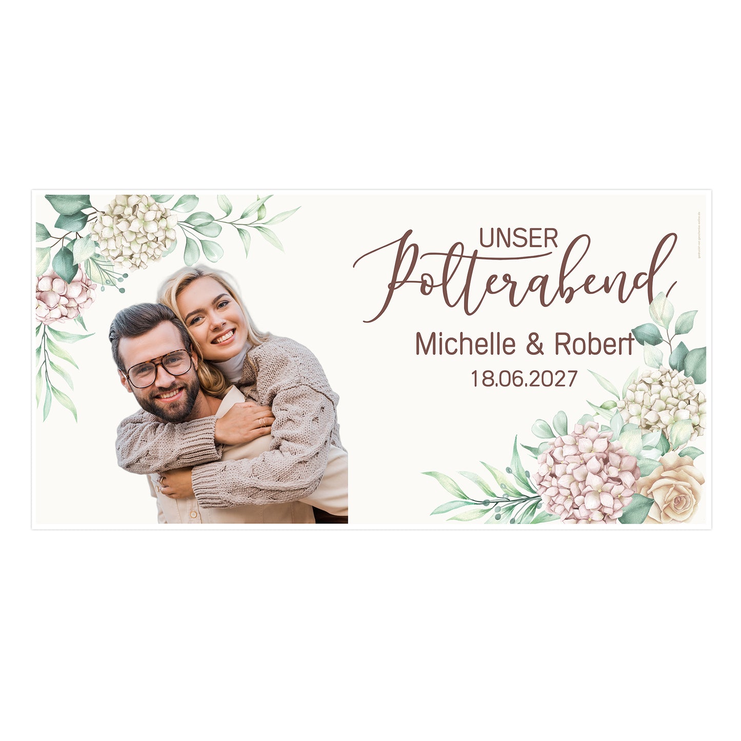 Freigestelltes Polterabend-Banner mit Foto, Namen Michelle und Robert und Datum 18.06.2027