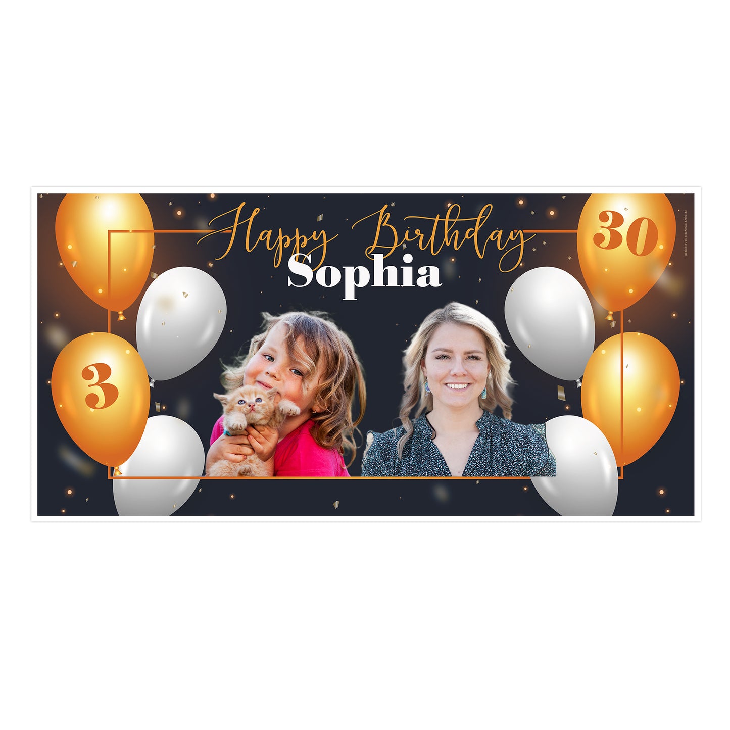 Freigestelltes Geburtstagsbanner mit Foto, Name und goldenen Luftballons