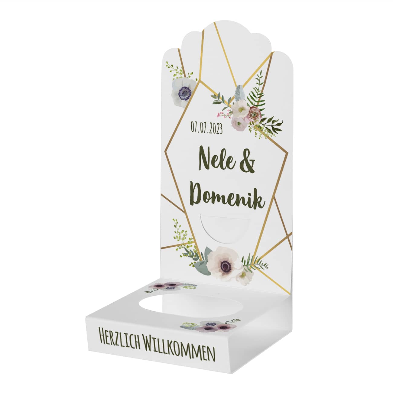 Faltaufsteller für Gastgeschenke zur Hochzeit als DIY-Set mit floralen Motiv und Ihren Wunschangaben