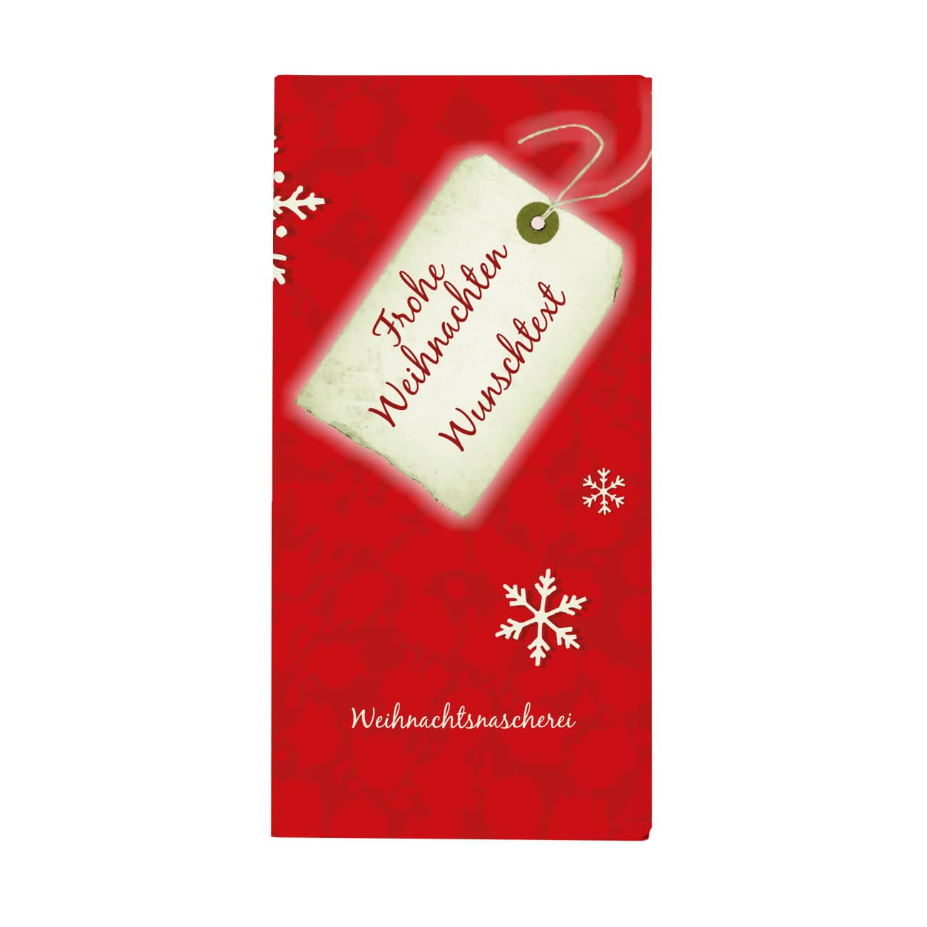 Schokoladentafel mit Schriftzug "Frohe Weihnachten" ergänzt mit Text