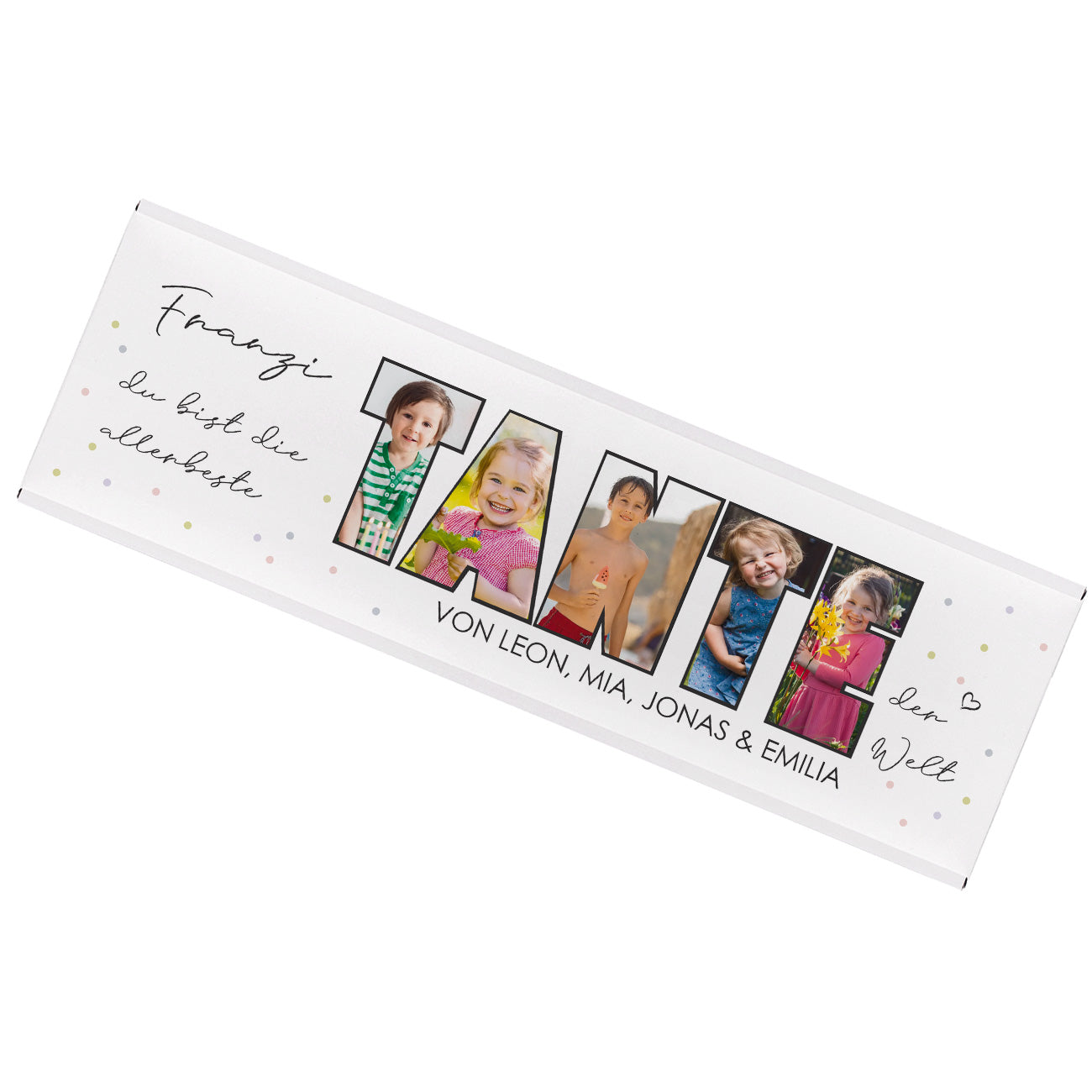 Freigestellte XXL-Schokoladentafel mit fünf Fotos im Schriftzug „TANTE“ und personalisiertem Text
