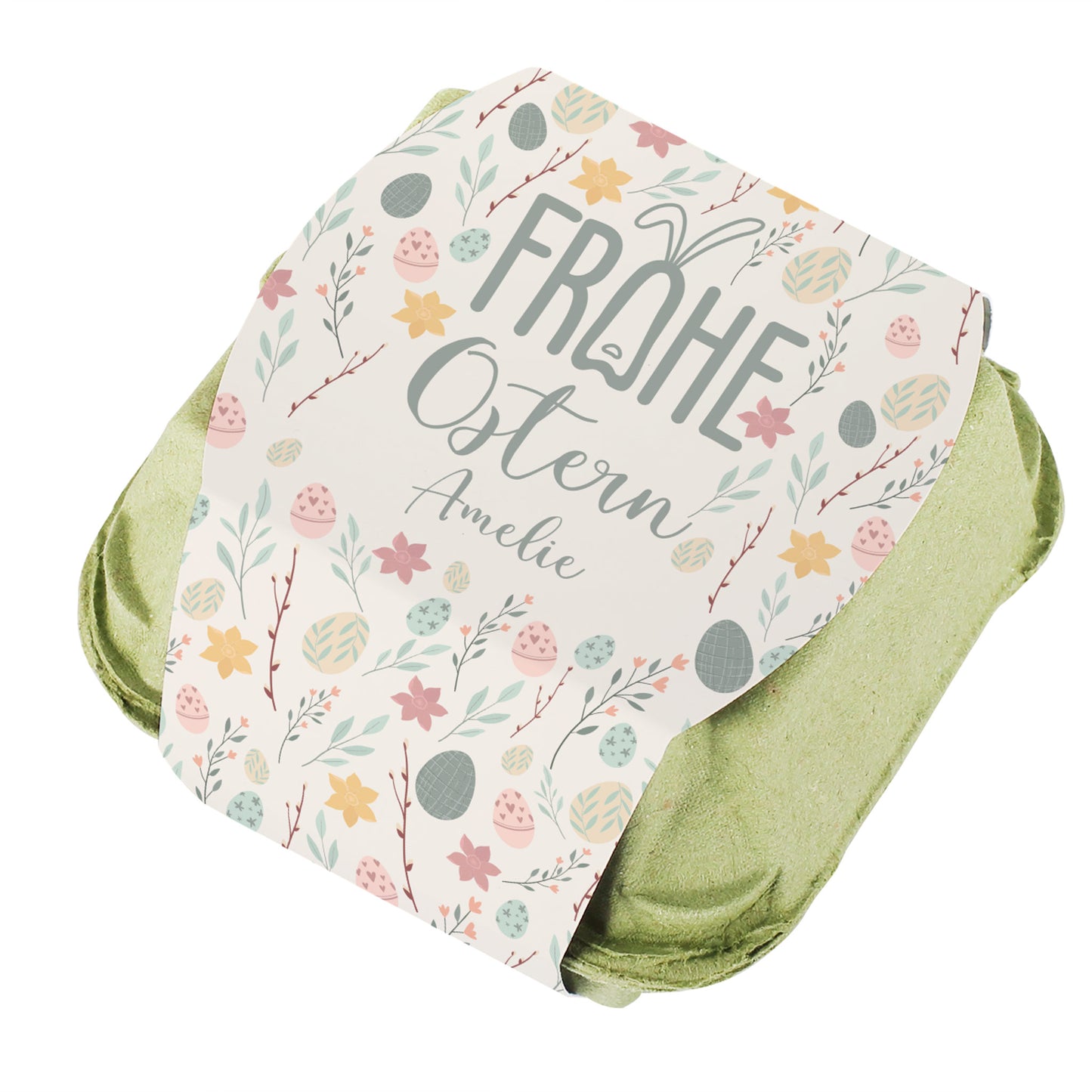 "Frohe Ostern" Schokoeier mit Wunschname & buntem Oster-Motiv | 4 Löffeleier