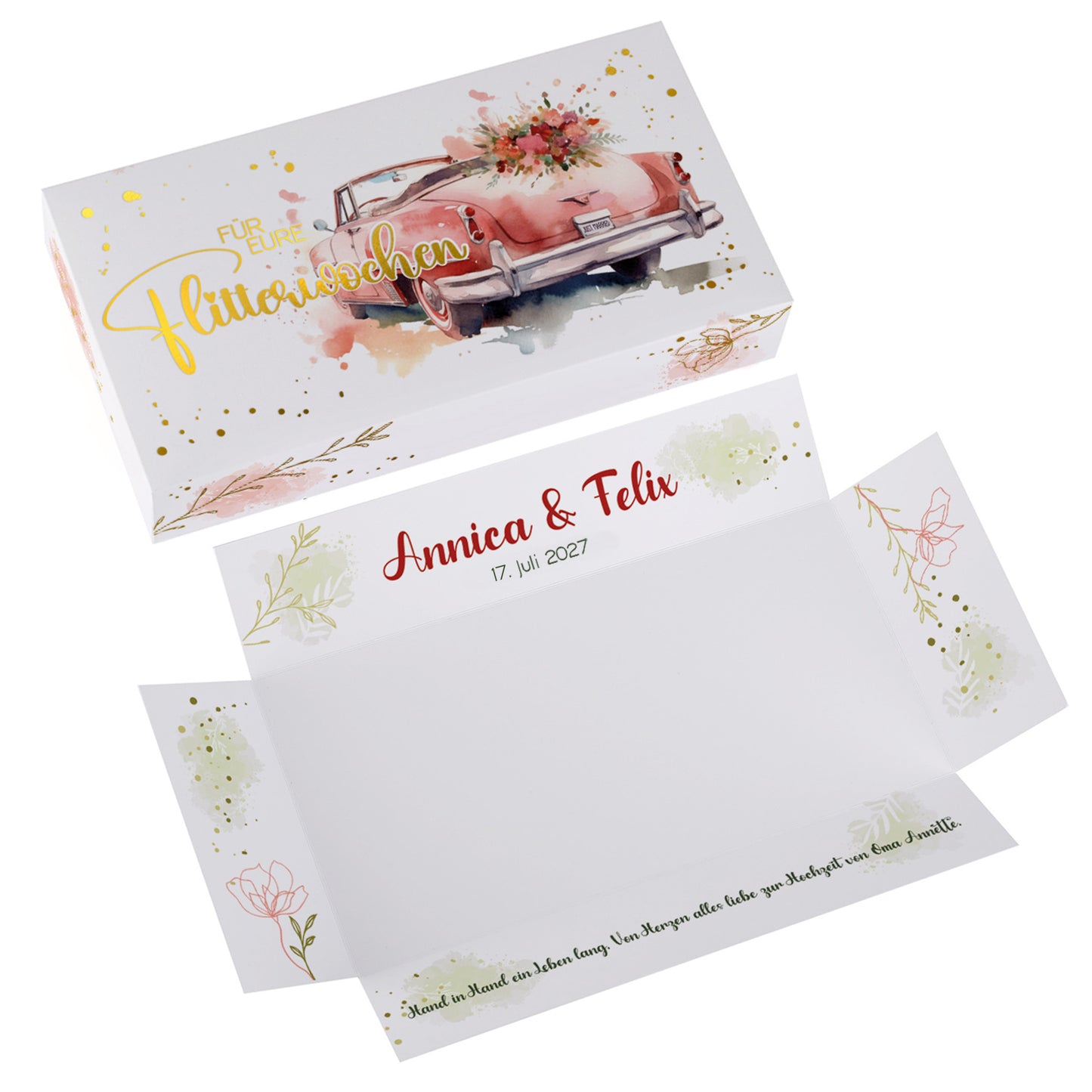 Geldgeschenk zur Hochzeit - persönliche Geschenkbox mit Goldfolie veredelt