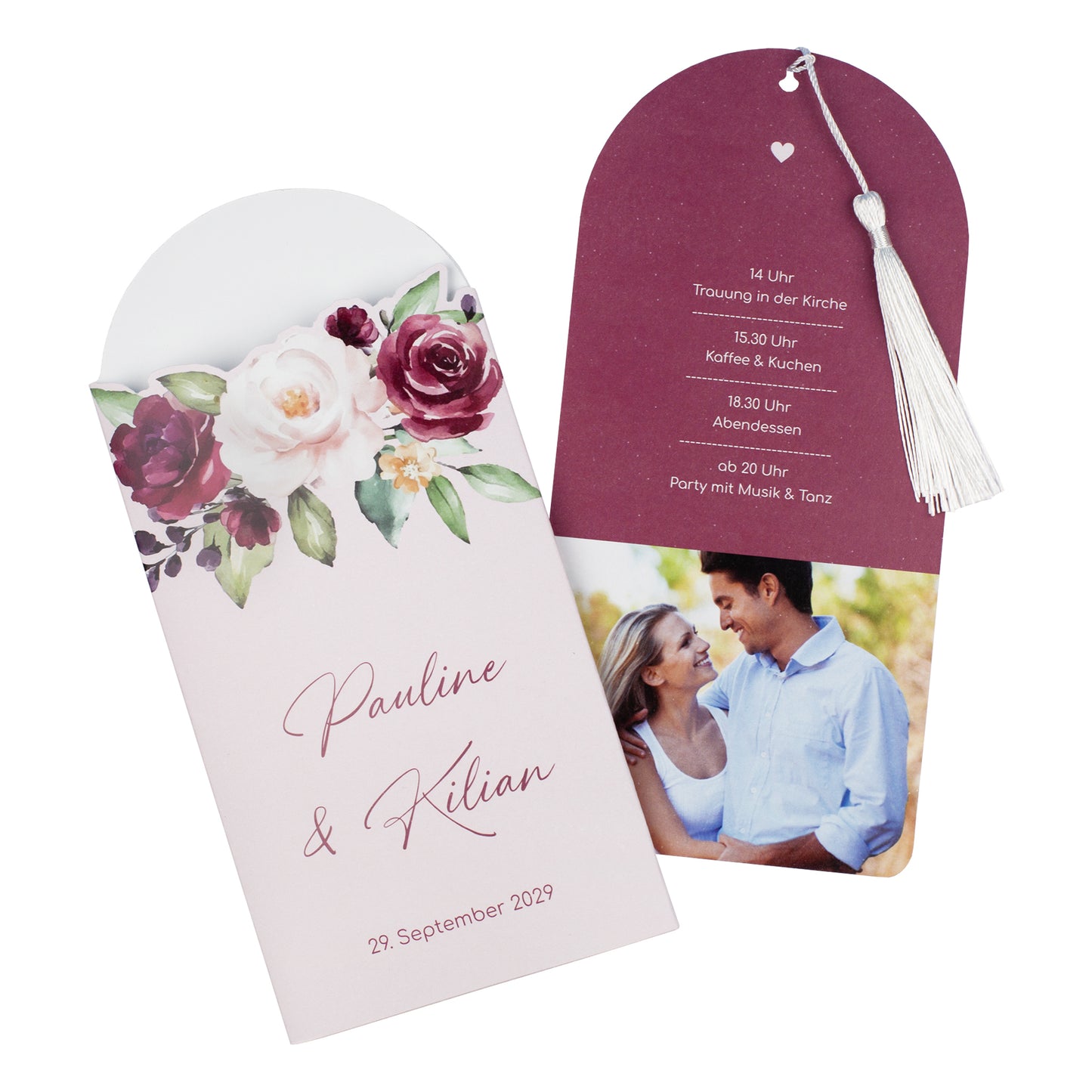 Ziehkarte Hochzeit auf weißem Hintergrund, Vorderseite und herausgezogener Innenteil mit Foto