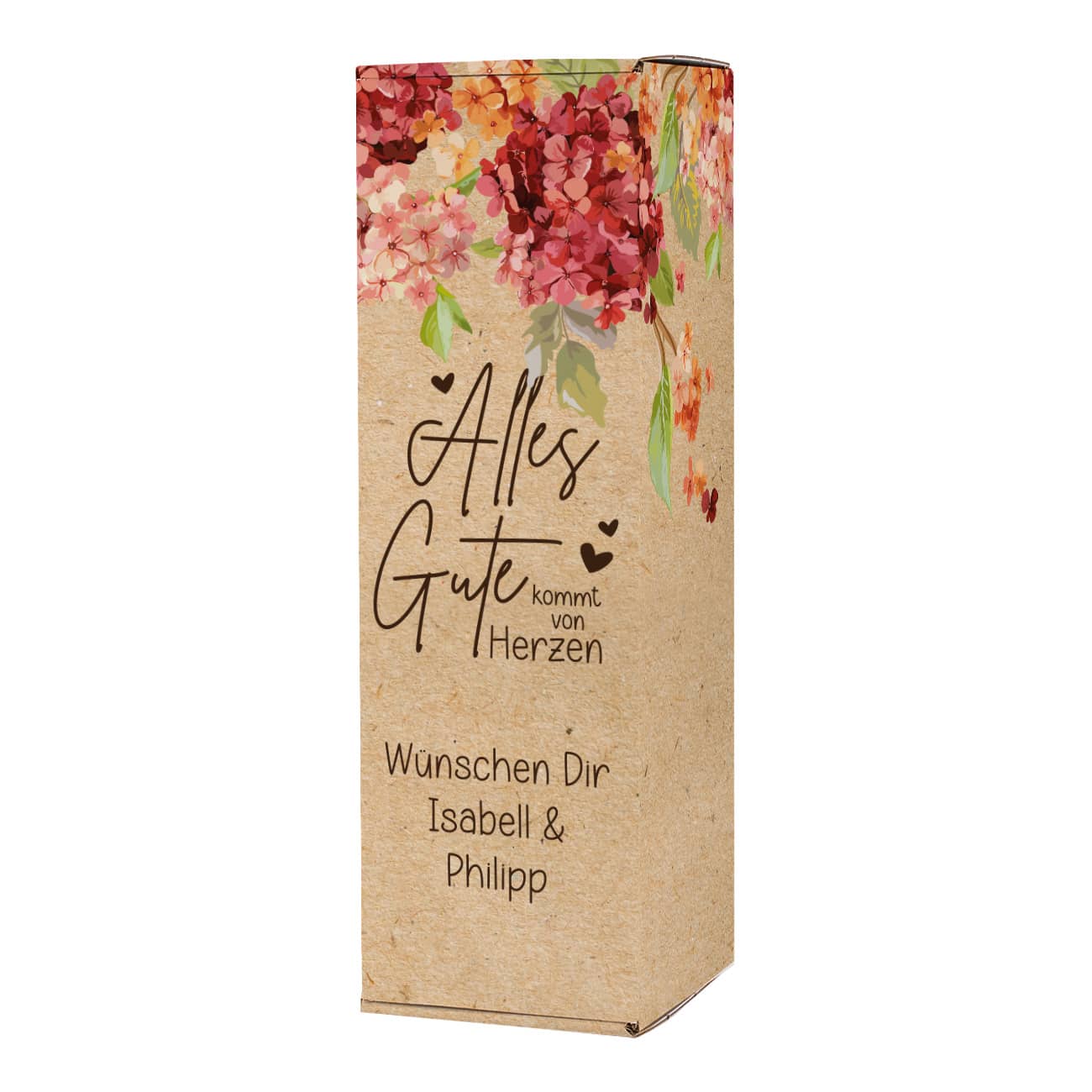 Alles Gute kommt von Herzen - Flaschenverpackung mit Hortensienblüten und Ihrem Wunschtext