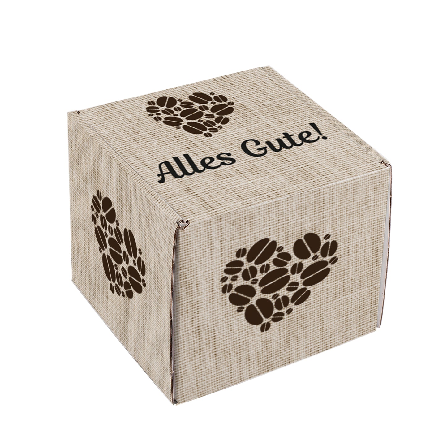 Personalisierte Geschenkbox mit Kaffee-Motiv freigestellt vor weißem Hintergrund – Produktfoto für Online-Shop.