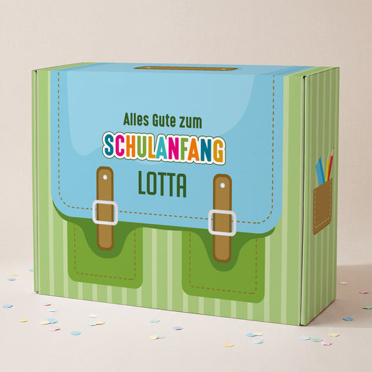 Geschenkverpackung zur Einschulung personalisiert mit Name | Schulranzen Design