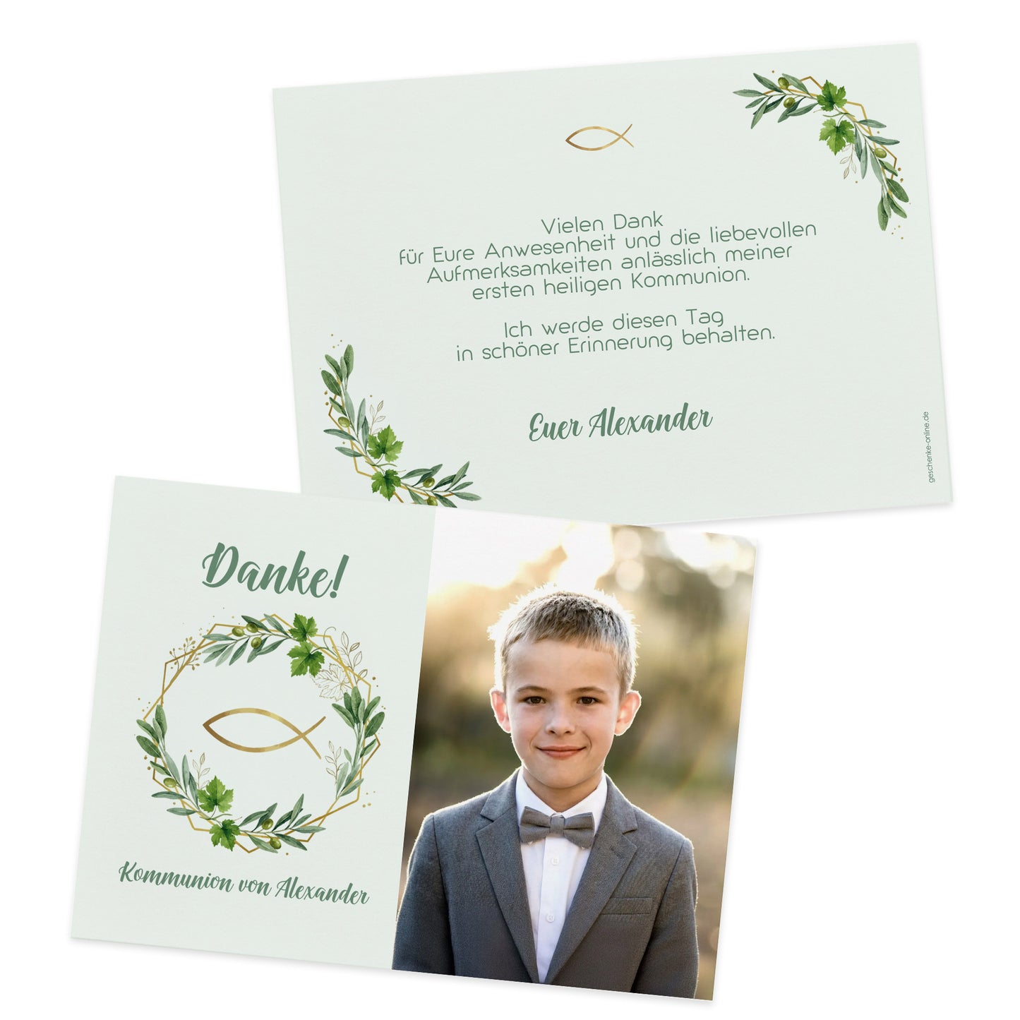 Personalisierte Dankeskarte zur Kommunion mit Ichthys Fisch im Kranz aus Zweigen und Name, Vorderseite im grünen Aquarell-Design