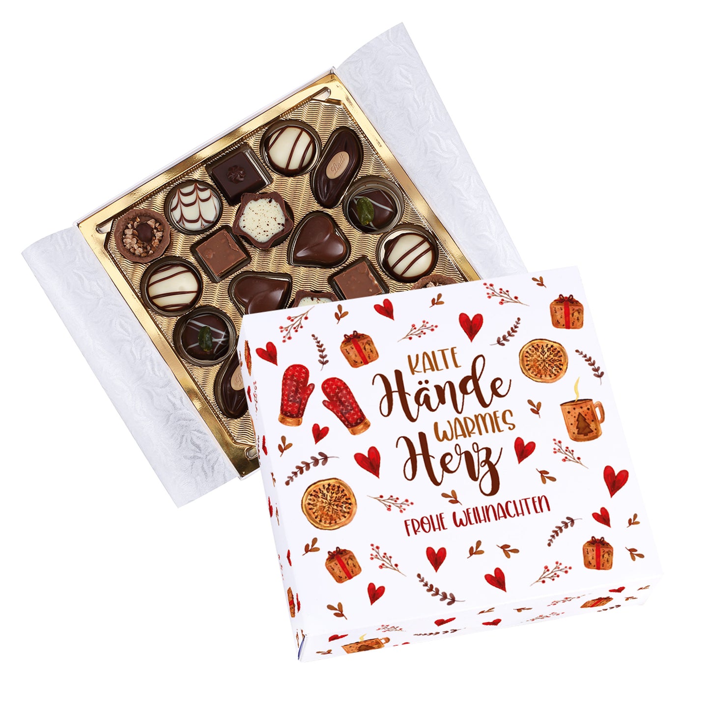 Geöffnete Lindt Pralinenbox mit Motiv „Kalte Hände, warmes Herz – Frohe Weihnachten“, goldener Einlage und feinen Lindt Mini-Pralinés in verschiedenen Sorten.