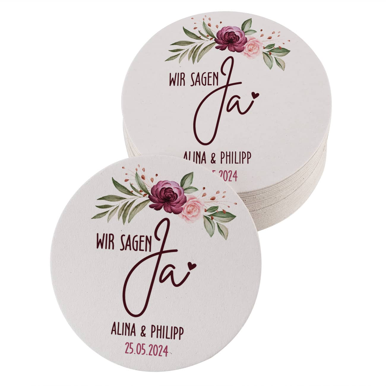 Runde Untersetzer aus Pappe zur Hochzeit mit Personalisierung