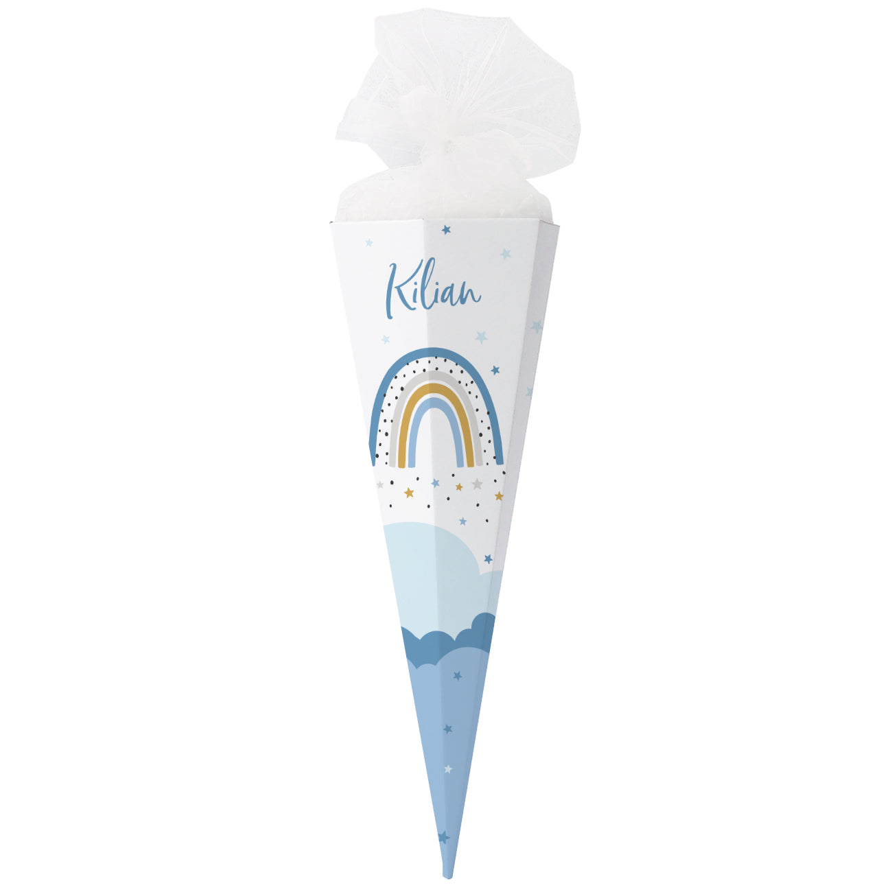 Personalisierte Schultüte mit Name und Regenbogenmotiv in blau