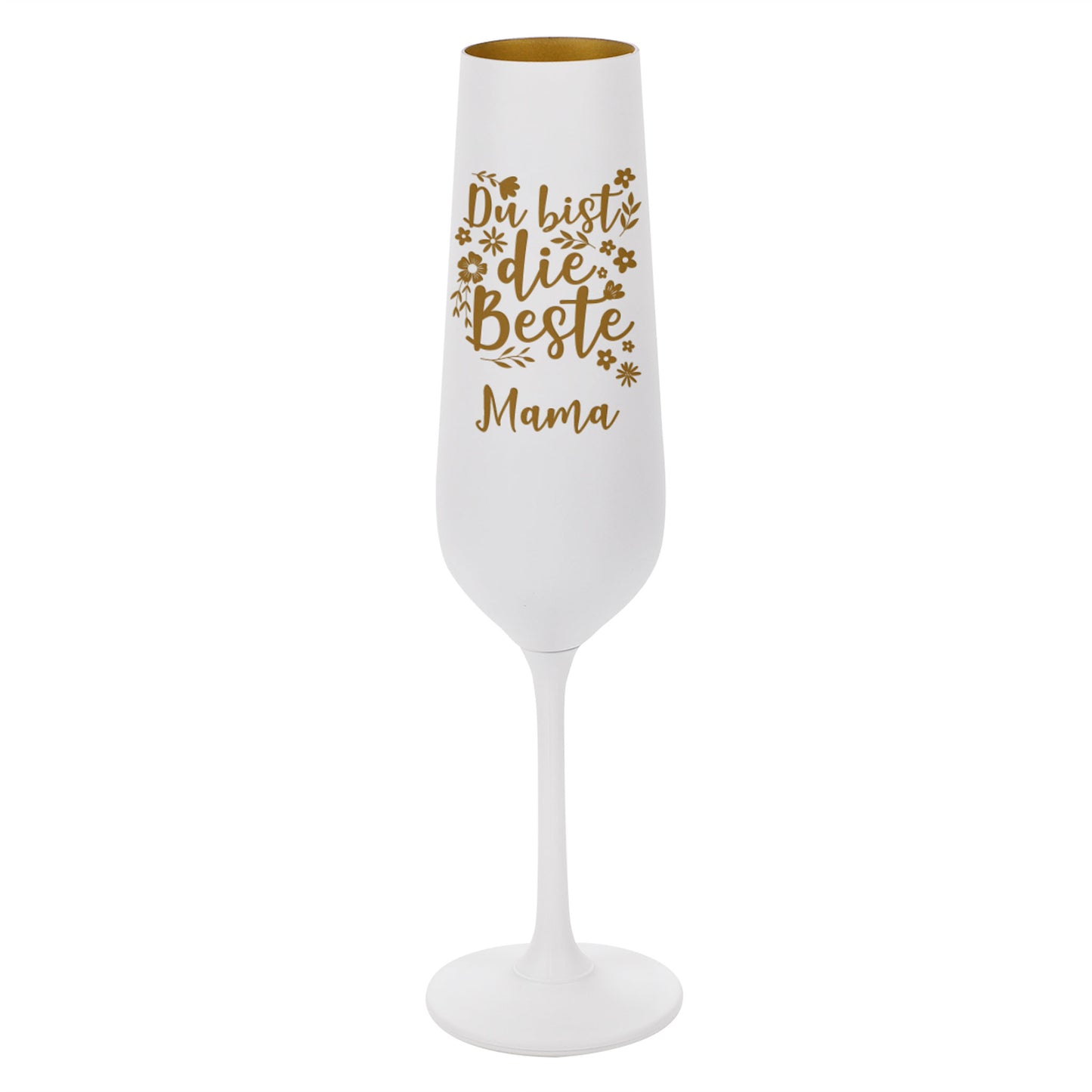 Freigestelltes Sektglas mit Gravur Du bist die Beste, Blumenmotiv und Wunschname – Weiß-Gold-Design
