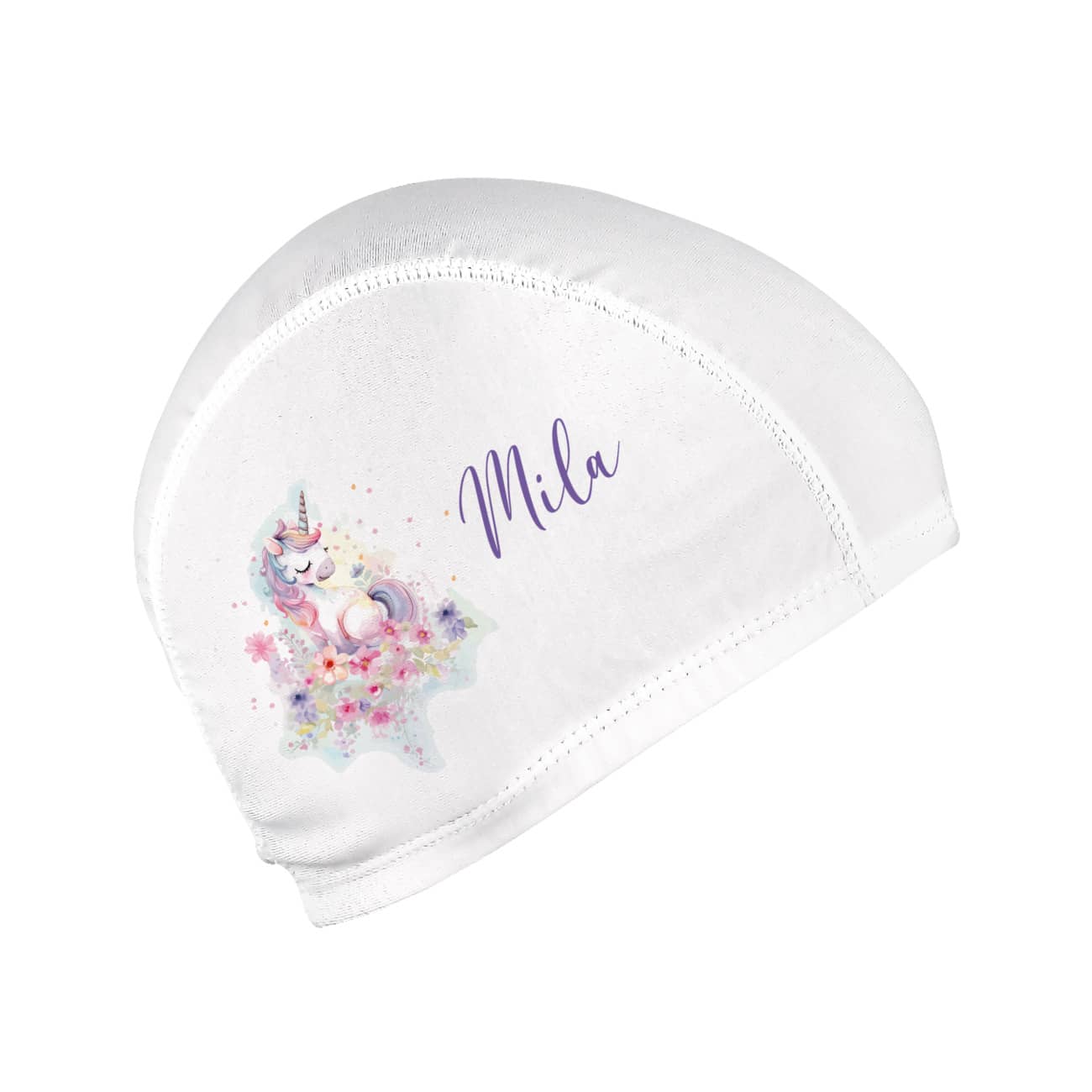 Kinderbadekappe mit Einhorn-Motiv und Name bedruckt