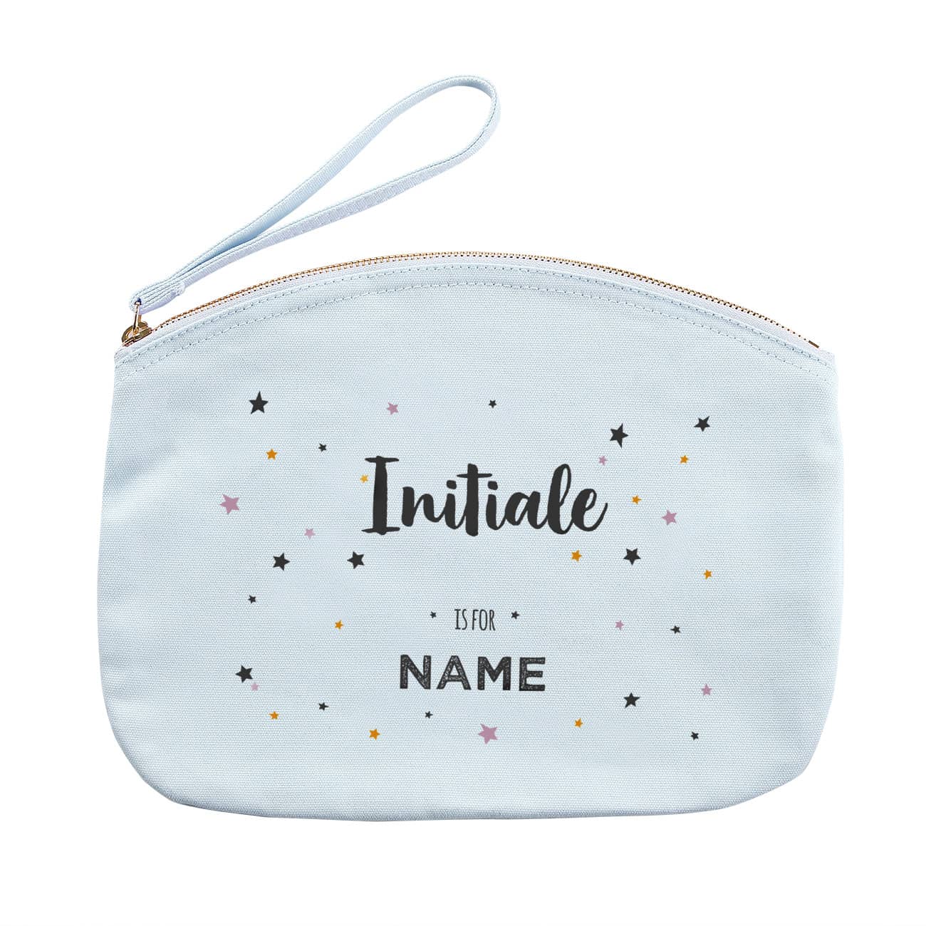 Hellblaues Beautycase mit Initiale, Name und kleinen Sternen