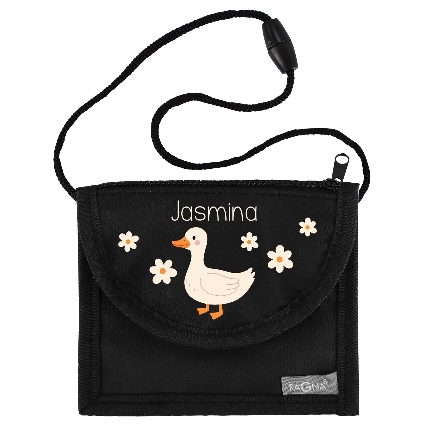Schwarzer Brustbeutel mit Name Jasmina, Ente und Blumen freigestellt auf weißem Hintergrund