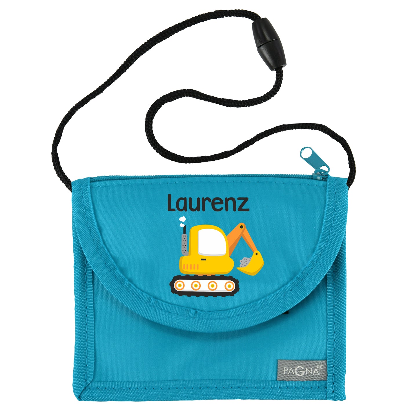 Blauer Brustbeutel mit Name Laurenz und Bagger-Motiv freigestellt auf weißem Hintergrund