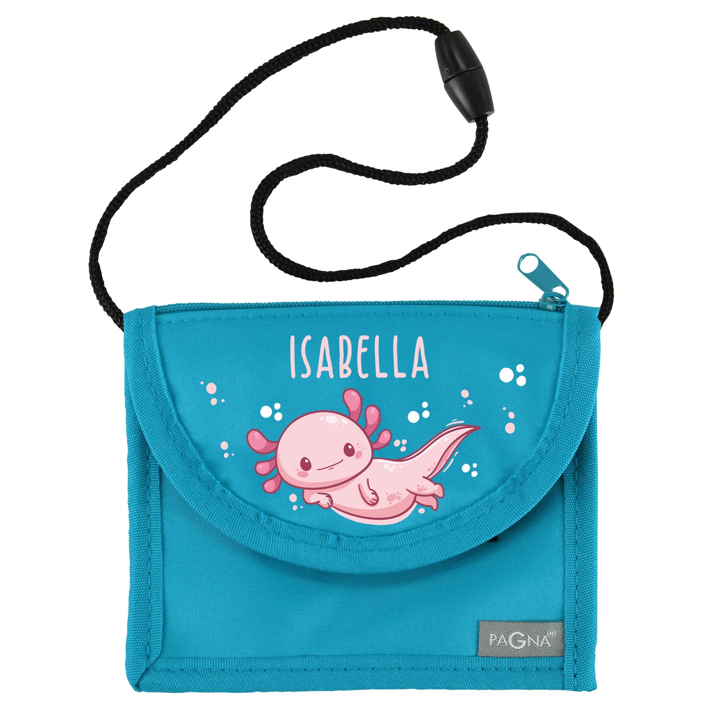 Blauer Brustbeutel mit Name Isabella und Axolotl-Motiv freigestellt auf weißem Hintergrund