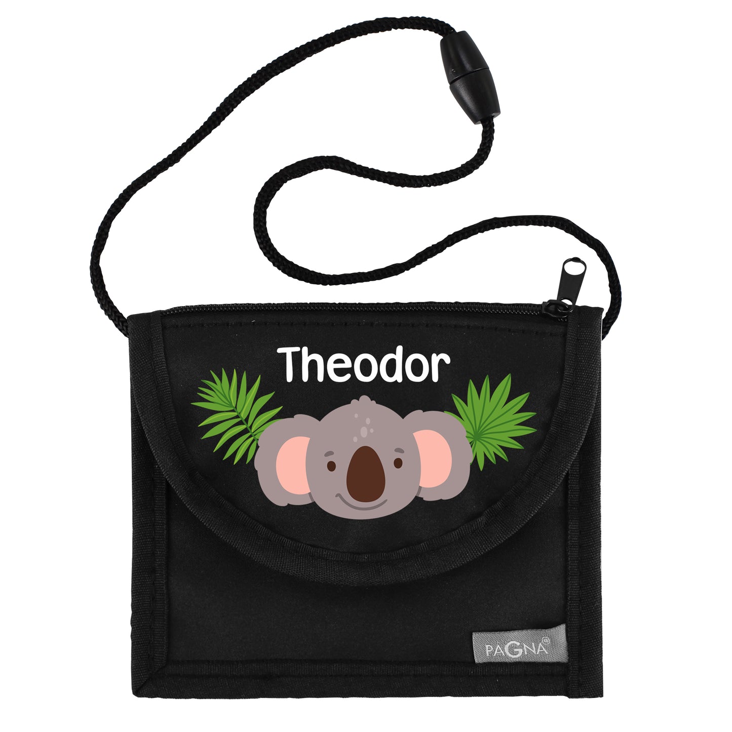 Schwarzer Brustbeutel mit Name Theodor und Koala-Motiv freigestellt auf weißem Hintergrund