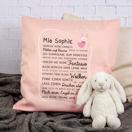 Rosa Kinderkissen mit Name Mia Sophie, Hasen Motiv und Kuscheltier als Geschenk für Mädchen