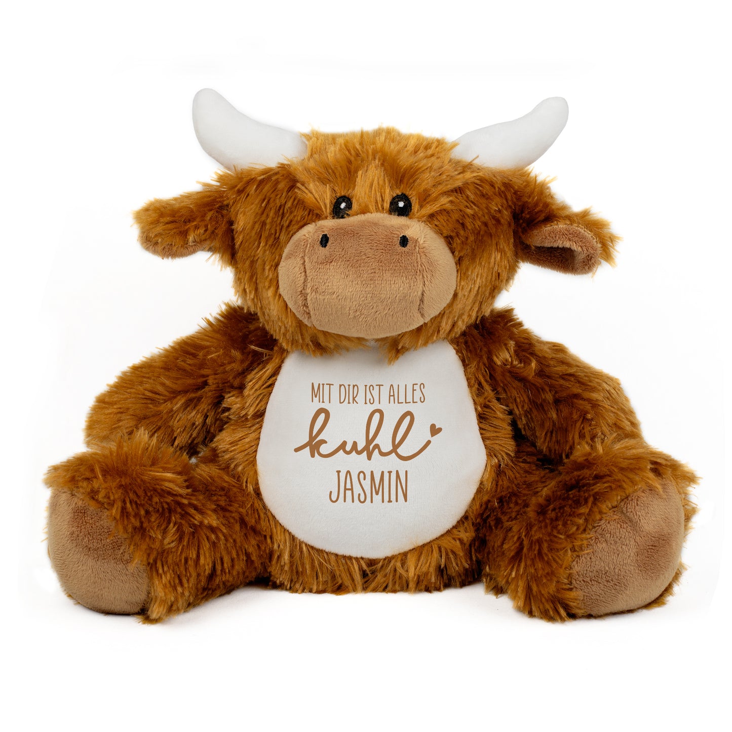 Freigestellte Kuscheltier-Kuh mit Aufdruck „Mit dir ist alles kuhl“ und personalisiertem Namen Jasmin.