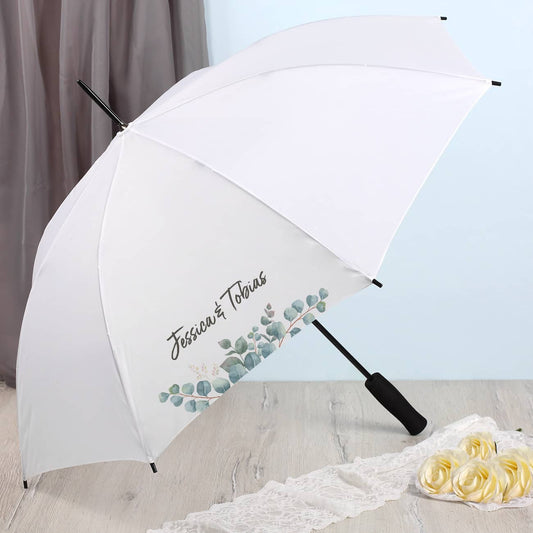 Weißer Regenschirm mit Eukalyptusmotiv und Namen