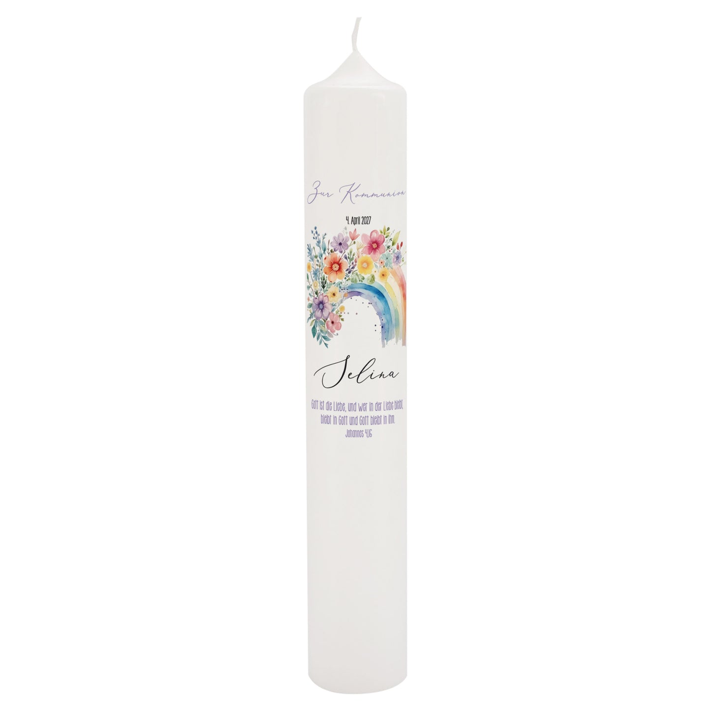 Detailansicht der XXL Kerze mit Regenbogen-Blumenmotiv und Schriftzug „Zur Kommunion“ sowie personalisiertem Namen