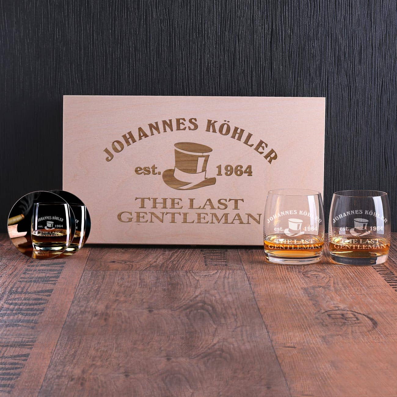 personalisiertes Whiskyset mit Holzbox