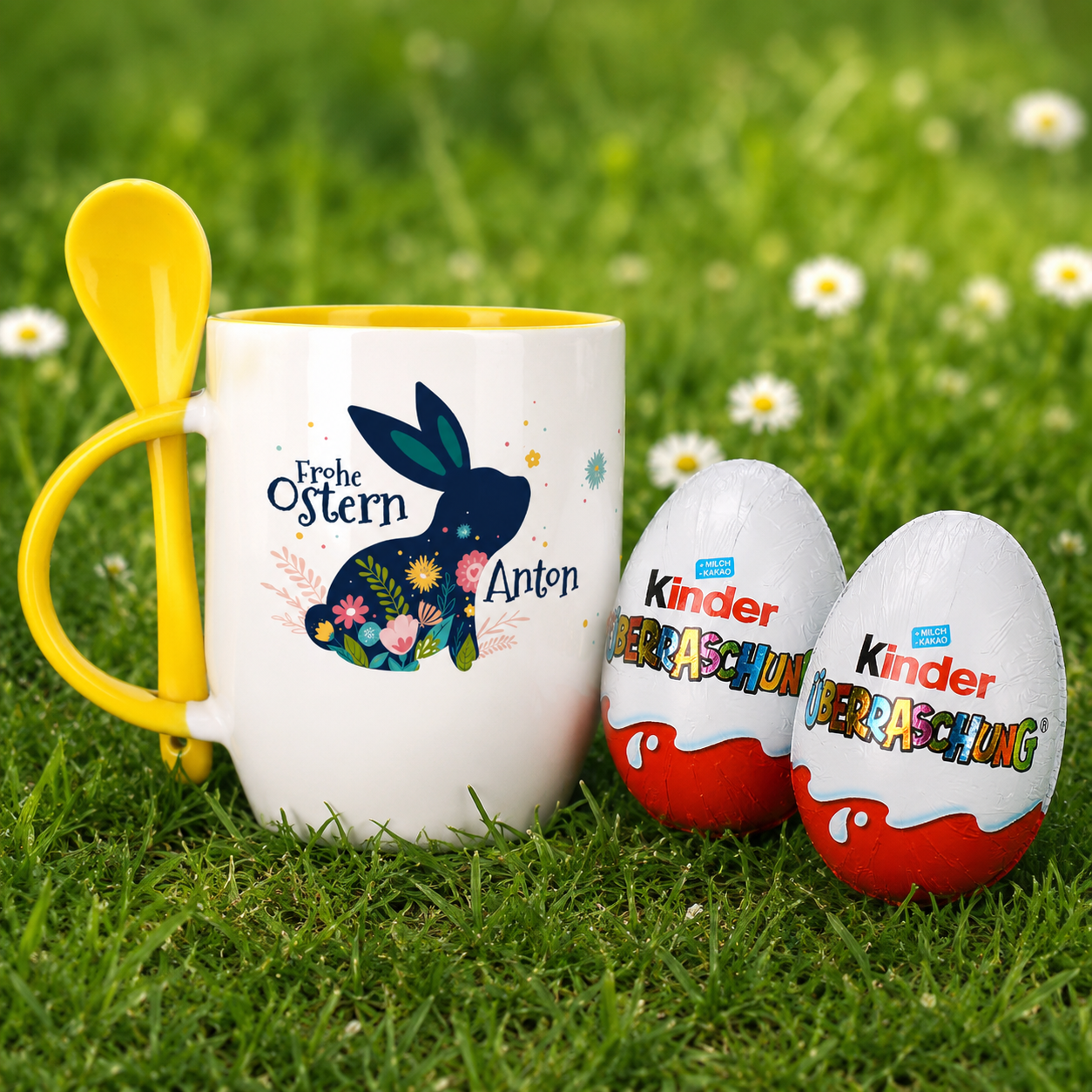 Frohe Ostern - Löffeltasse mit Osterhase und Name | Ostergeschenk