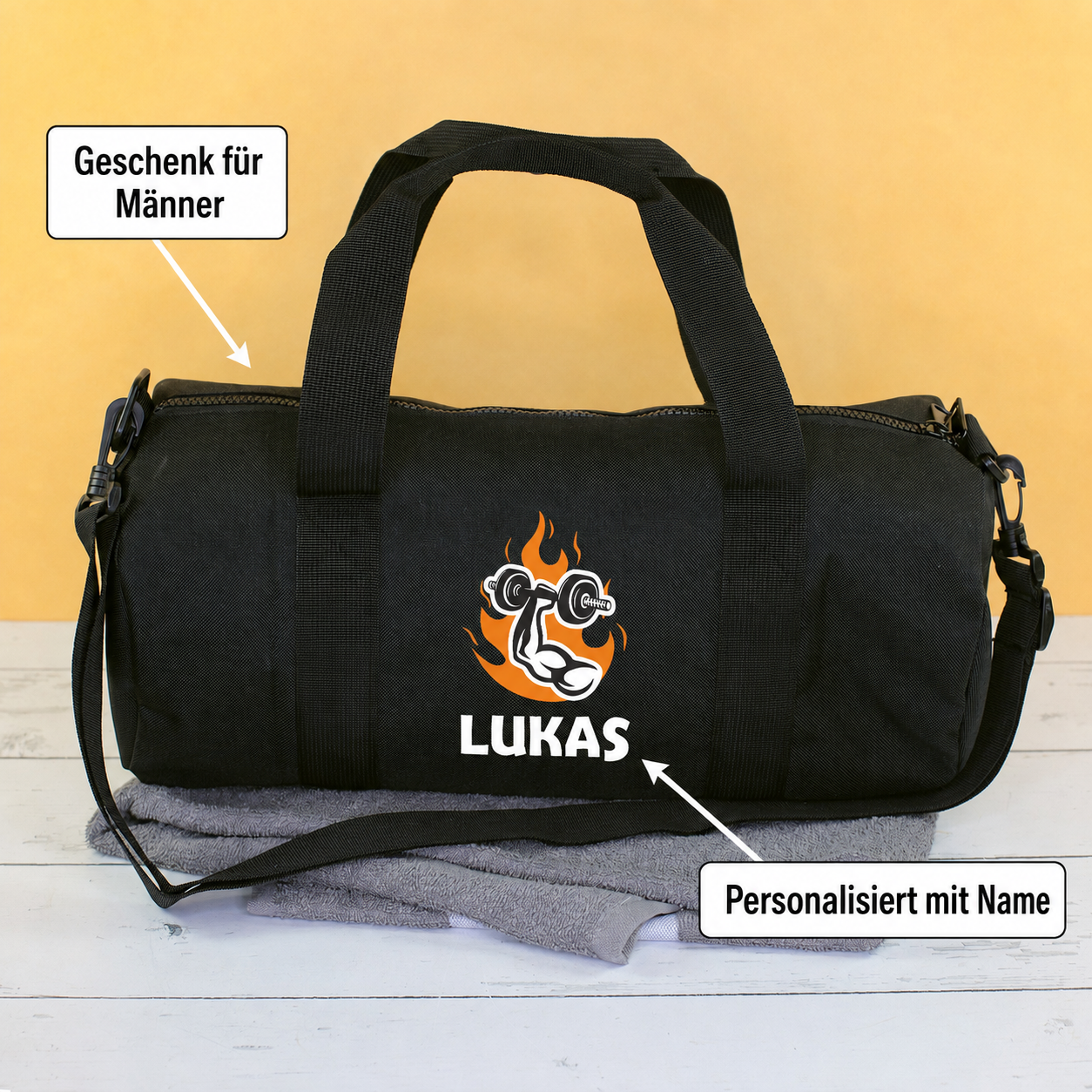 Sporttasche personalisiert mit Name & Gym Motiv | Duffle Bag für Männer & Sport als Geschenk