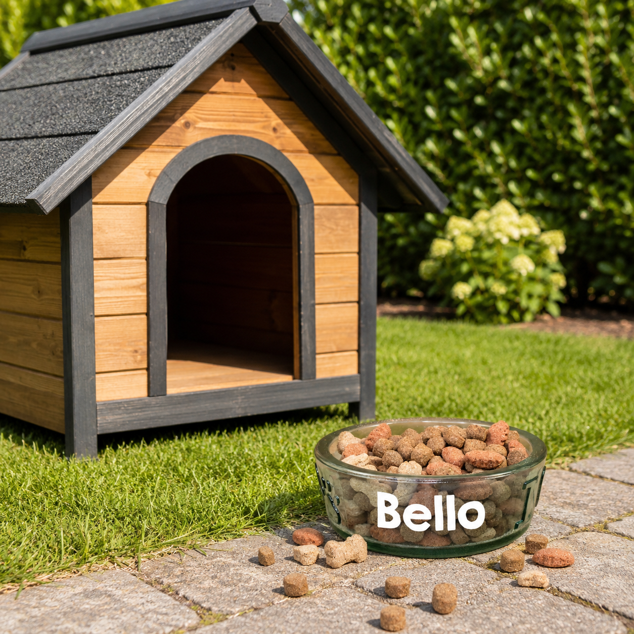 Personalisierter Hundenapf aus Glas mit Name Bello gefüllt mit Hundefutter vor Hundehütte im Garten