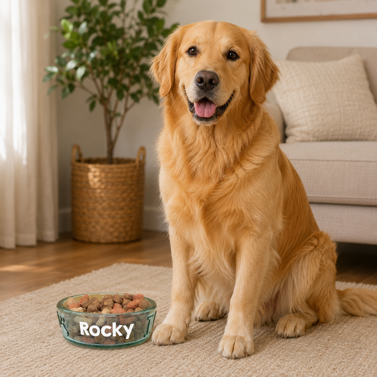 Golden Retriever sitzt neben personalisiertem Glas Hundenapf mit Name Rocky im Wohnzimmer