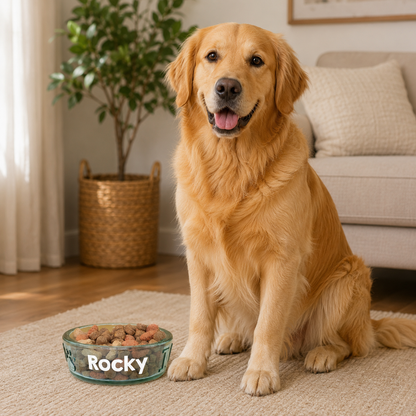 Golden Retriever sitzt neben personalisiertem Glas Hundenapf mit Name Rocky im Wohnzimmer