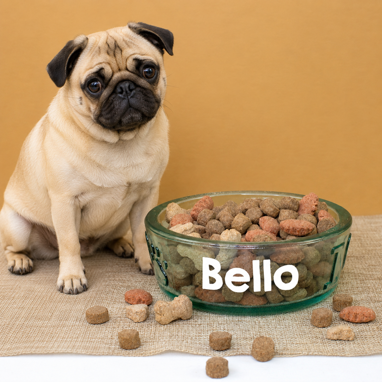 Mops sitzt neben personalisiertem Glas Hundenapf mit Name Bello und Hundefutter