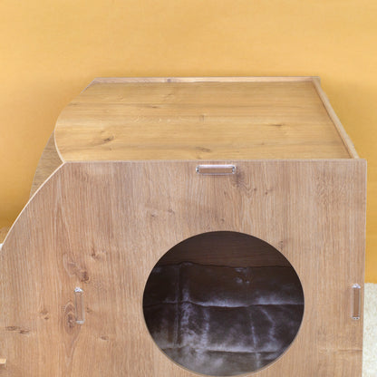 Detailansicht der oberen Liegefläche am Katzenhaus in Eiche-Optik 