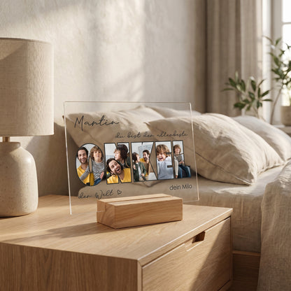 Modernes Acrylschild „Bester Onkel der Welt“ mit Bildern und Wunschtext als liebevolle Geschenkidee im Schlafzimmer