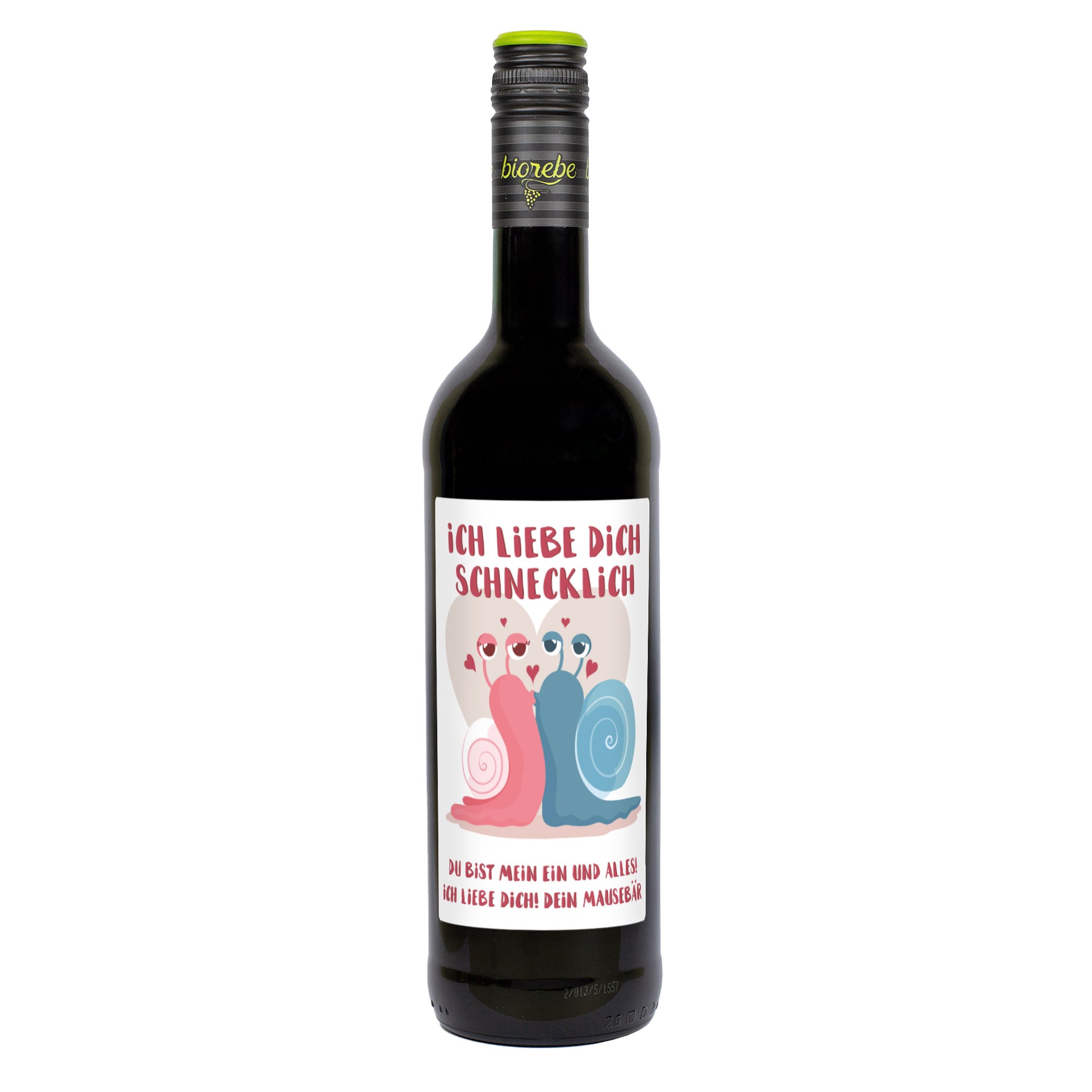 Rotweinflasche mit Etikett „Ich liebe dich schnecklich“, zwei Schnecken mit Herzchen, romantisches Motiv