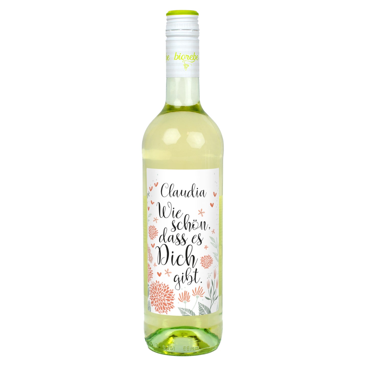 Weinflasche Weißwein mit Floraldekor und Aufschrift „Wie schön, dass es Dich gibt“ – personalisiert mit Name