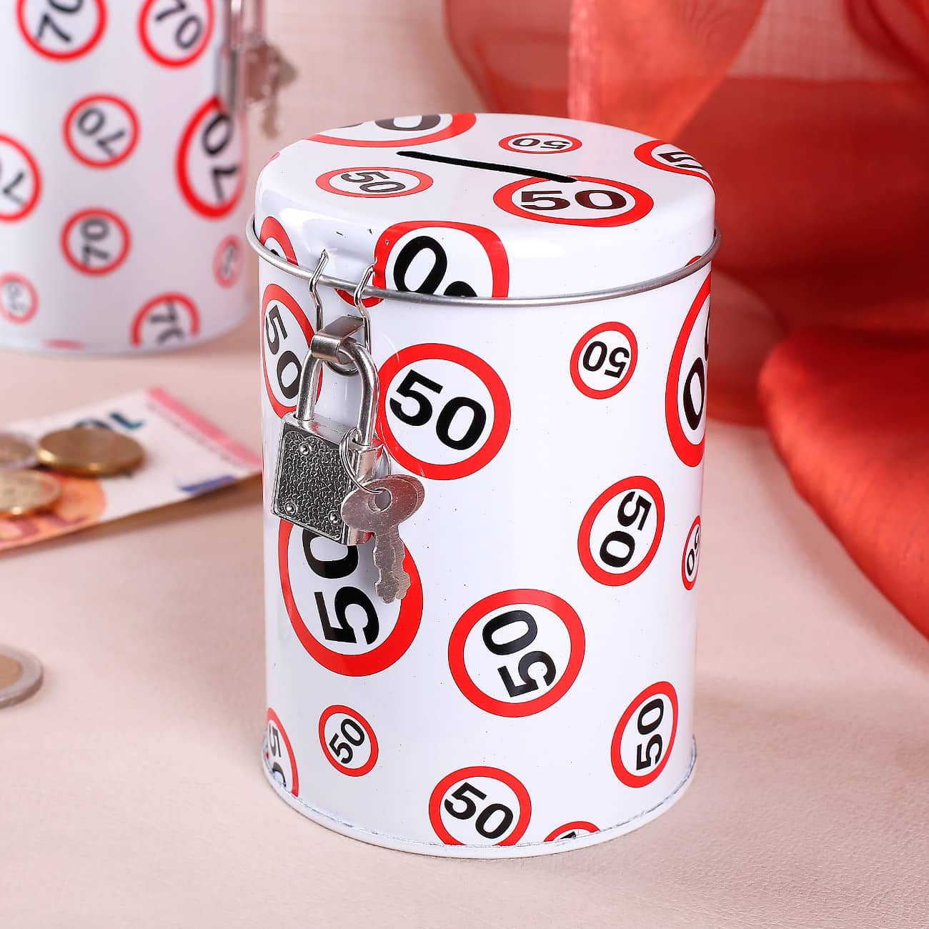 Spardose aus Metall mit Schloss zum 50. Geburtstag
