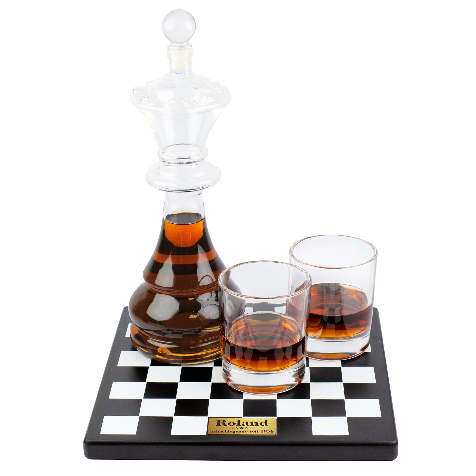 4-teiliges Whisky Dekanter Set mit König Karaffe, zwei Gläsern und schwarz-weißem Schachbrett