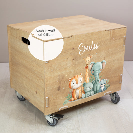 Personalisierte Rollbox aus Holz - Tierfreunde auf Safari - von clipfritz | Spielzeugkiste mit Name