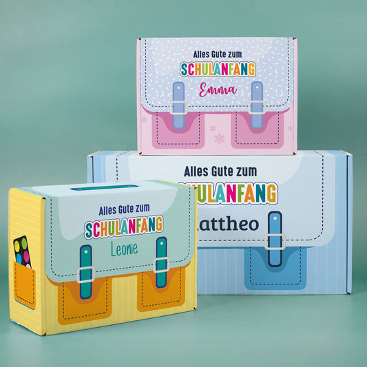 Geschenkverpackung zur Einschulung personalisiert mit Name | Schulranzen Design