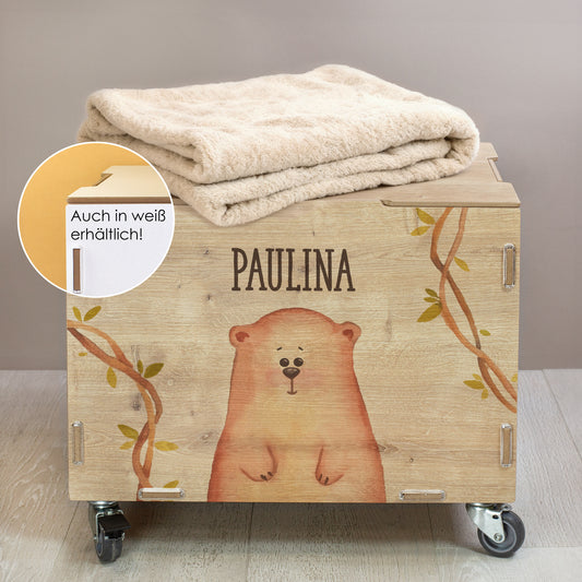 Personalisierte Rollbox aus Holz mit Bären-Motiv von clipfritz | Spielzeugkiste für Kinder mit Name