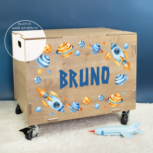 Personalisierte Rollbox aus Holz von clipfritz - Spielzeugkiste mit Weltraum Motiv & Name für Jungen