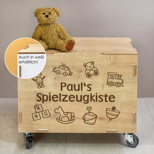 Personalisierte Rollbox aus Holz von clipfritz | Aufbewahrungsbox mit Spielzeugmotiv & Wunschtext