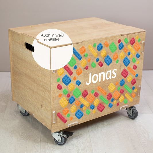Personalisierte Rollbox aus Holz von clipfritz - Bunte Bausteinwelt | Kinder-Spielzeugkiste mit Name