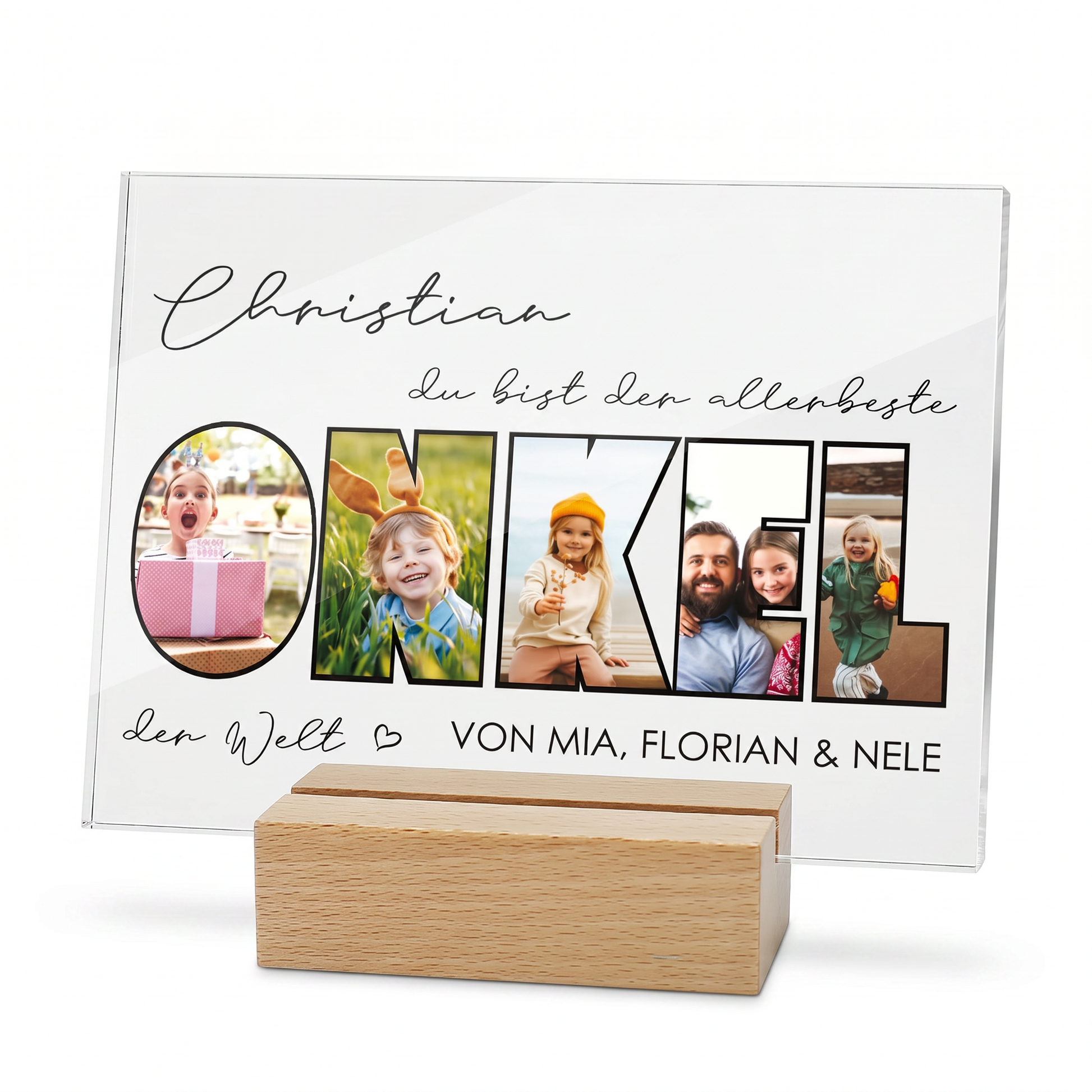  Acrylbild mit Fotos im Schriftzug „ONKEL“ und Holzsockel