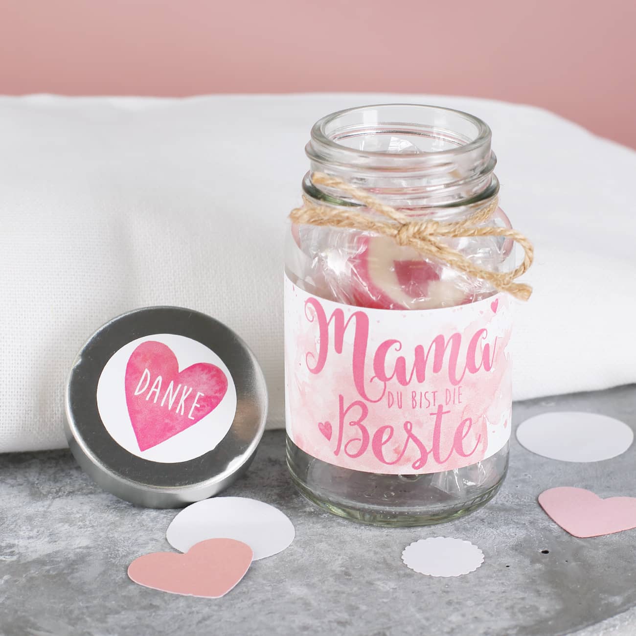 Gefülltes Bonbonglas zum Muttertag - Mama du bist die Beste