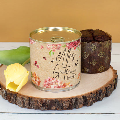 Dosenbrownie zum Geburtstag mit floralem Alles Gute Motiv, gelber Tulpe und Schokoladen Brownie