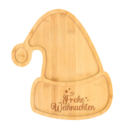 Plätzchenteller & Servierbrett aus Bambus mit Gravur 'Frohe Weihnachten'  | Form Weihnachtsmütze