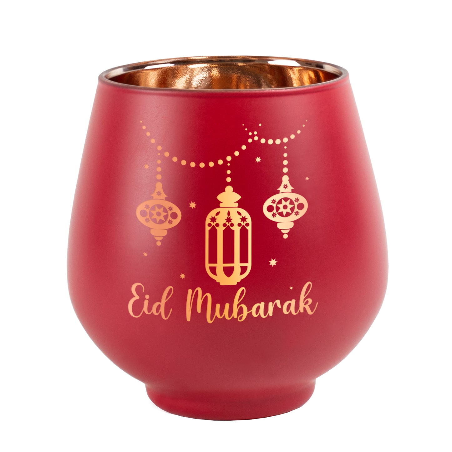Teelichthalter Eid Mubarak aus Glas in Rot freigestellt